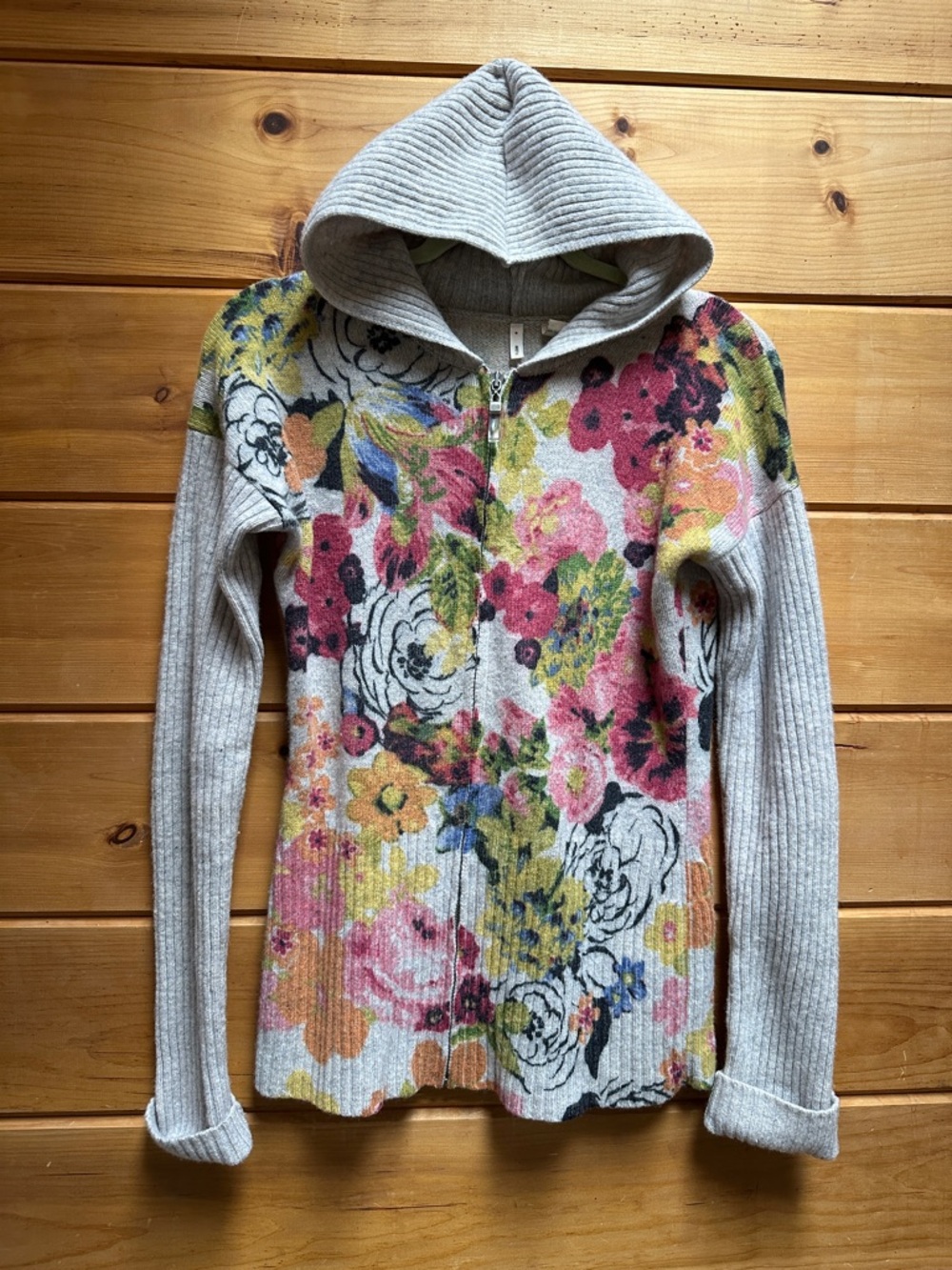 Anthropologie MOTH 100% wool floral hooded sweater zipper Medium M - Picture 8 of 8
